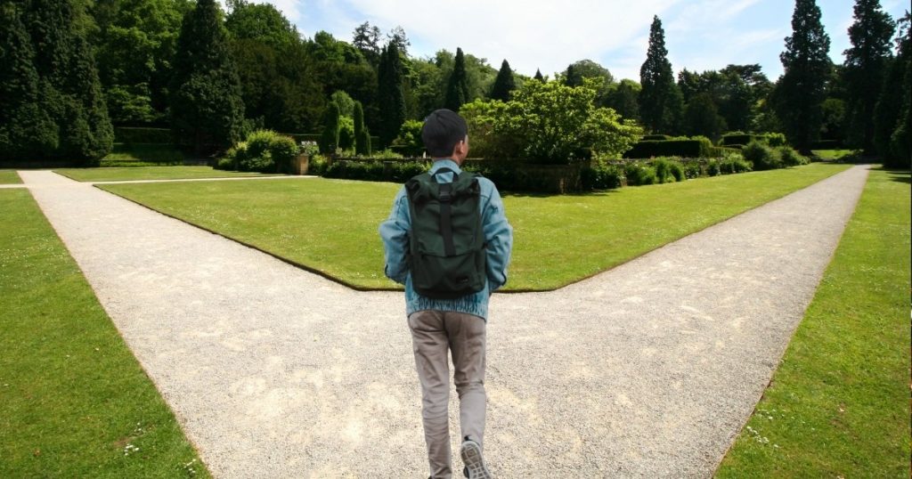 man walking at two path for decison taking for a better future